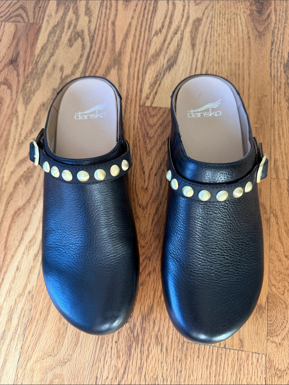 Dansko Black Leather Clog Mules with Gold Studded Strap
